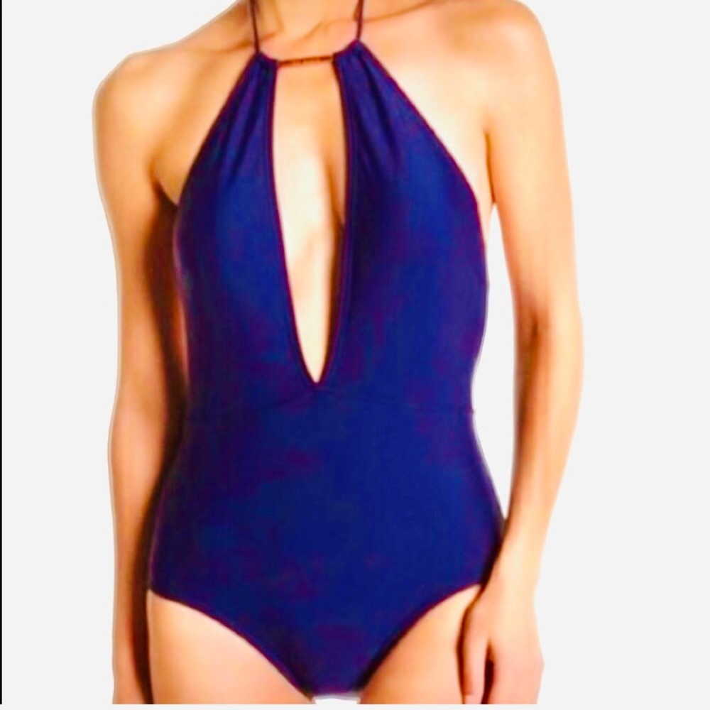 TED BAKER Swimsuit Navy Plunging Halter 1 Pc Sz 6